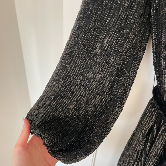 Retrofete Audrey Robe Dress Shiny Black Blue Sequins Wrap Style Midi Dress - Picture 5 of 16